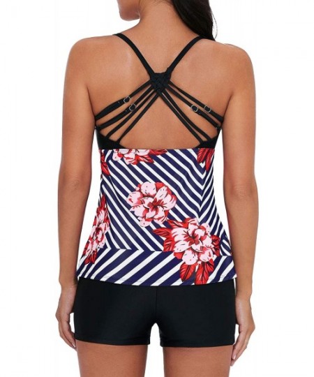 Racing Tankini Swimsuits for Women Two Piece Bathing Suits Tankini Top with Boyshorts Swimwear for Women Red Blue Print - CK1...