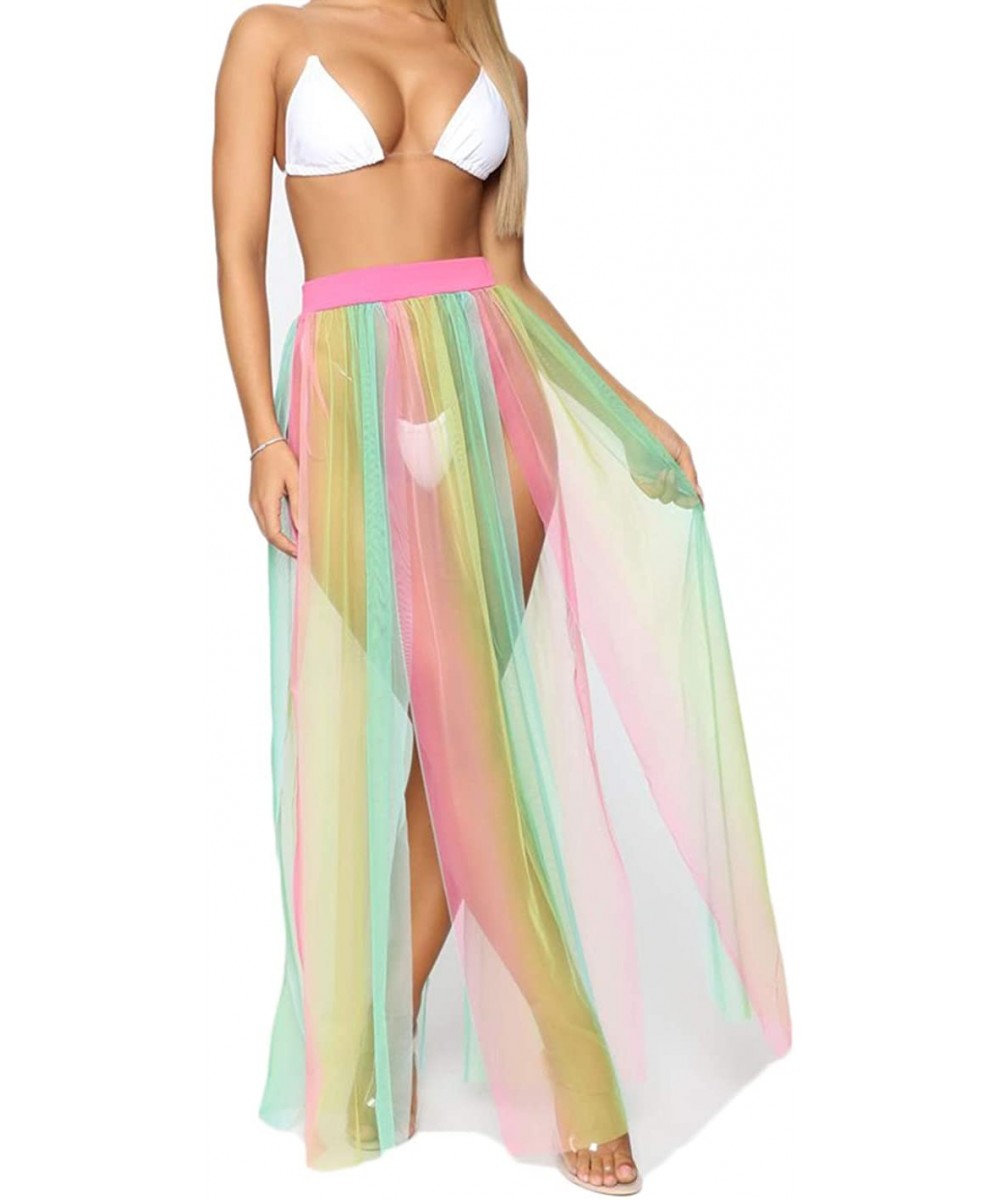 Cover-Ups Women Mesh Tulle Skirt See Through Bikini Cover Up Long Maxi Mesh Pants Beach Wear Swimsuit Bottom Cover Up Rainbow...