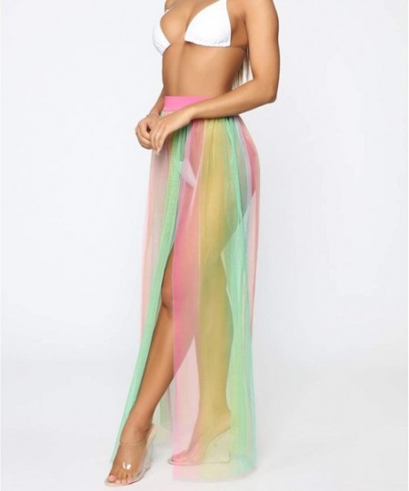 Cover-Ups Women Mesh Tulle Skirt See Through Bikini Cover Up Long Maxi Mesh Pants Beach Wear Swimsuit Bottom Cover Up Rainbow...