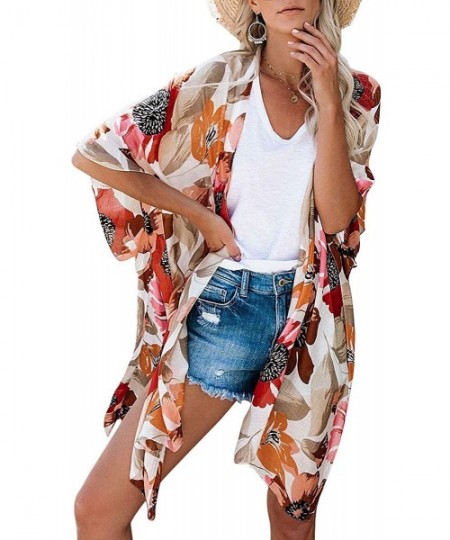 Cover-Ups Women Floral Kimono Cardigan - Casual Chiffon Kimonos Tops Boho Loose Blouse Open Front Swinsuit Beach Cover Ups Or...