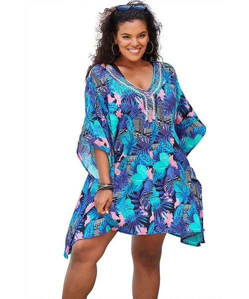 Cover-Ups Women's Plus Size Jeweled Caftan Swimsuit Cover Up - Blue Tropical Floral (1103) - C5199LCCG4K