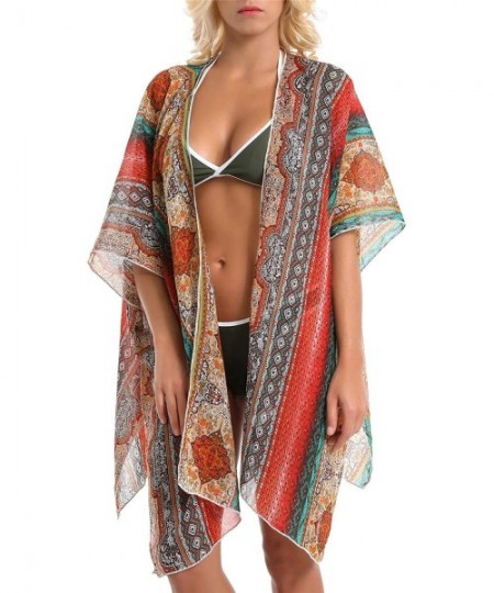 Cover-Ups Cover Up for Swimwear Women Floral Kimono Cardigan Shawl Half Sleeve Chiffon Summer Beach Bikini Blouse Red Geometr...