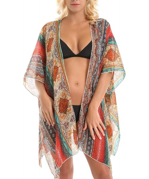 Cover-Ups Cover Up for Swimwear Women Floral Kimono Cardigan Shawl Half Sleeve Chiffon Summer Beach Bikini Blouse Red Geometr...