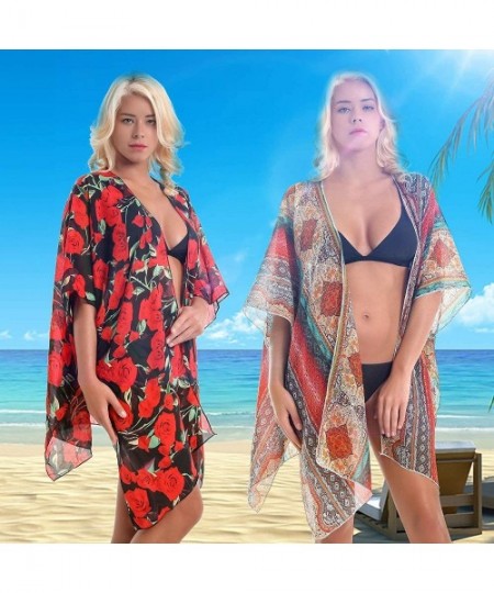 Cover-Ups Cover Up for Swimwear Women Floral Kimono Cardigan Shawl Half Sleeve Chiffon Summer Beach Bikini Blouse Red Geometr...