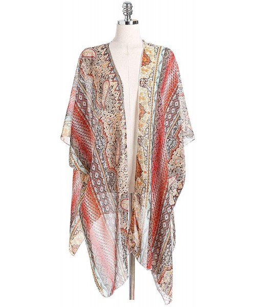 Cover-Ups Cover Up for Swimwear Women Floral Kimono Cardigan Shawl Half Sleeve Chiffon Summer Beach Bikini Blouse Red Geometr...