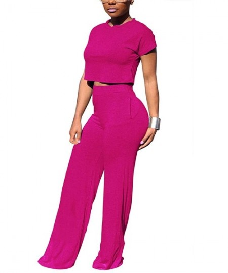 Sets Women's Casual 2 Piece Outfits Jogging Suits Crop Top & Wide Leg Long Pants Tracksuit With Pockets - A-rose - C318SN25632