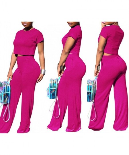 Sets Women's Casual 2 Piece Outfits Jogging Suits Crop Top & Wide Leg Long Pants Tracksuit With Pockets - A-rose - C318SN25632