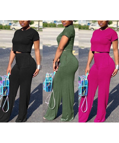 Sets Women's Casual 2 Piece Outfits Jogging Suits Crop Top & Wide Leg Long Pants Tracksuit With Pockets - A-rose - C318SN25632