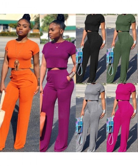 Sets Women's Casual 2 Piece Outfits Jogging Suits Crop Top & Wide Leg Long Pants Tracksuit With Pockets - A-rose - C318SN25632