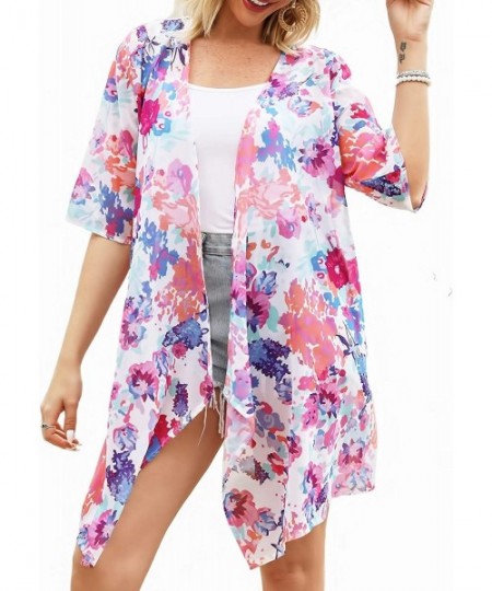 Cover-Ups Women Kimono Cardigan Floral Loose Open Front Chiffon Cover Up Tops - Blue+pink - C412MAOWHK5