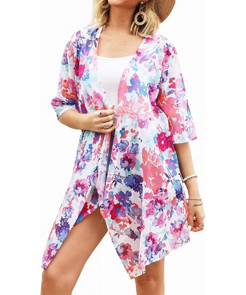 Cover-Ups Women Kimono Cardigan Floral Loose Open Front Chiffon Cover Up Tops - Blue+pink - C412MAOWHK5