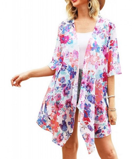 Cover-Ups Women Kimono Cardigan Floral Loose Open Front Chiffon Cover Up Tops - Blue+pink - C412MAOWHK5