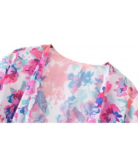 Cover-Ups Women Kimono Cardigan Floral Loose Open Front Chiffon Cover Up Tops - Blue+pink - C412MAOWHK5