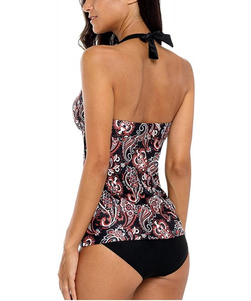 One-Pieces Women Striped Tankini Set with Brief Cross Back Padded Two Piece Swimsuit - Black Floral - CS195ZZW50R