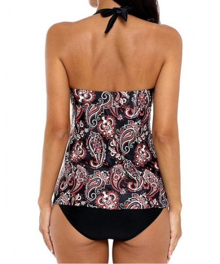 One-Pieces Women Striped Tankini Set with Brief Cross Back Padded Two Piece Swimsuit - Black Floral - CS195ZZW50R