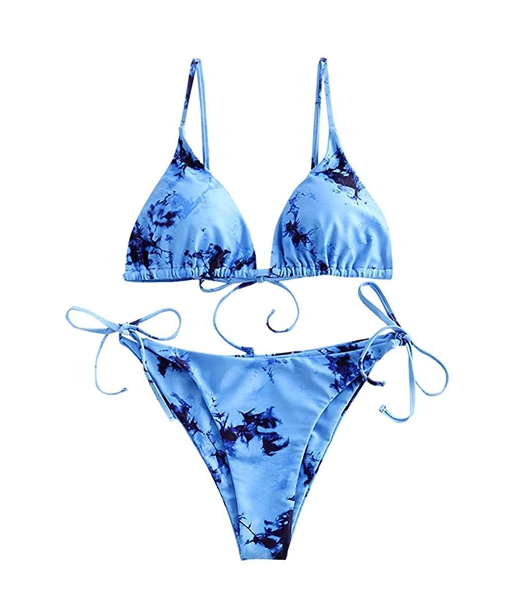 Sets Women's Tie Dye Cinched Lace Up Triangle String Bikini Set Three Piece Swimsuit - 2-piece Blue02 - CS1908EWMHO