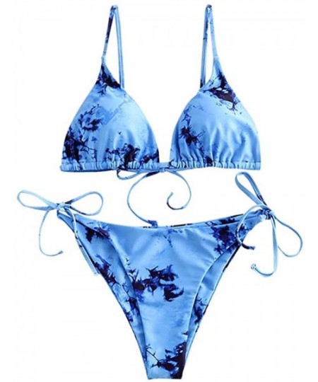 Sets Women's Tie Dye Cinched Lace Up Triangle String Bikini Set Three Piece Swimsuit - 2-piece Blue02 - CS1908EWMHO