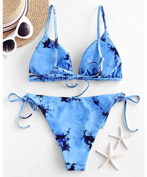 Sets Women's Tie Dye Cinched Lace Up Triangle String Bikini Set Three Piece Swimsuit - 2-piece Blue02 - CS1908EWMHO