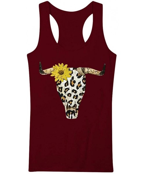 Rash Guards Women's Casual Sunflower Leopard Print Short Sleeve O-Neck Blouse Tank Tops - Wine - C81979RA00K