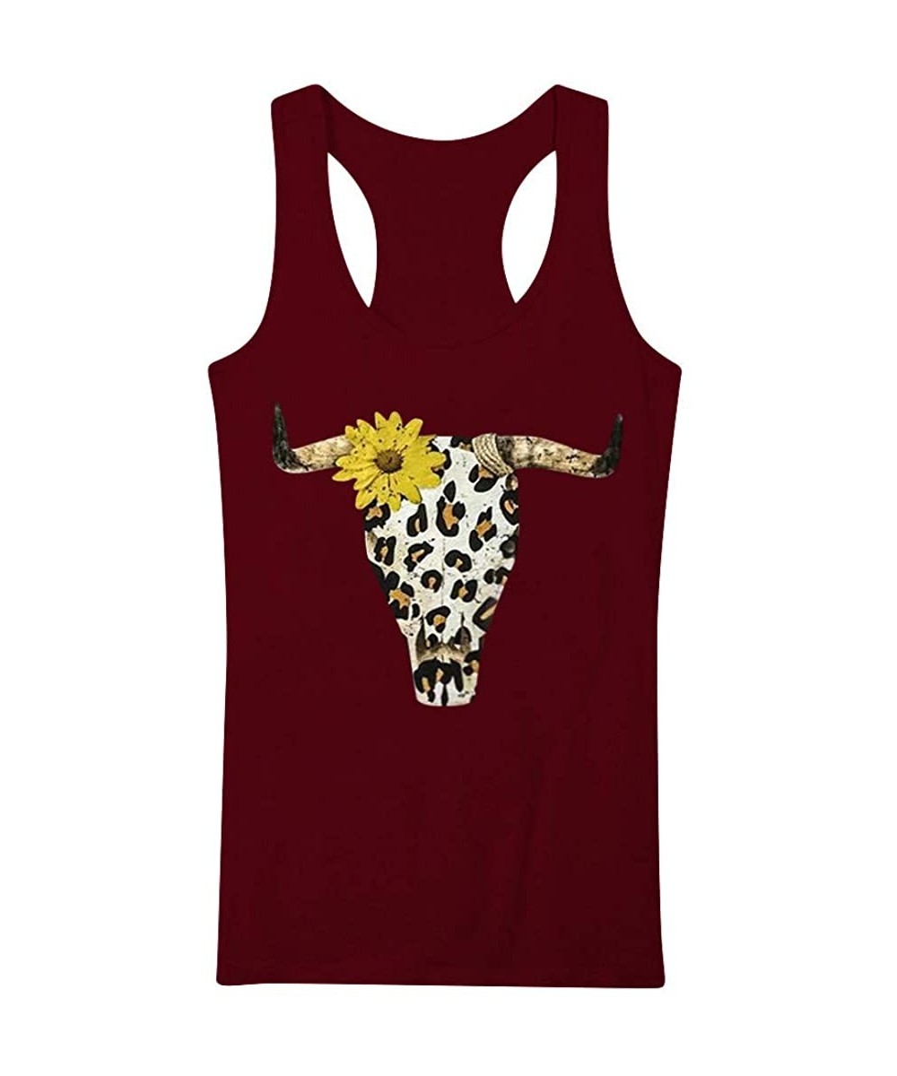 Rash Guards Women's Casual Sunflower Leopard Print Short Sleeve O-Neck Blouse Tank Tops - Wine - C81979RA00K