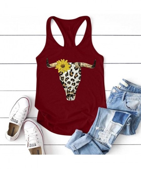 Rash Guards Women's Casual Sunflower Leopard Print Short Sleeve O-Neck Blouse Tank Tops - Wine - C81979RA00K