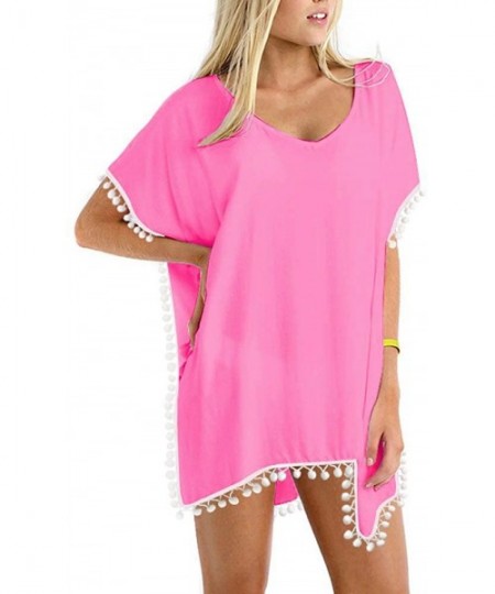 Cover-Ups Women's Pom Pom Trim Kaftan Chiffon Swimwear Beach Cover Up - 01_light Pink - CF190HYE2S6