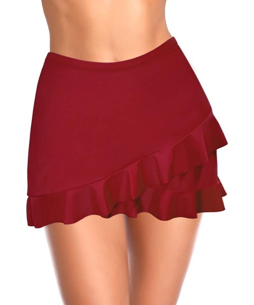 Tankinis Women's Swimdress Ruffle Swim Skirt Bikini Bottom Built-in Swim Bottom - Wine Red - CZ18A4OZ0DN