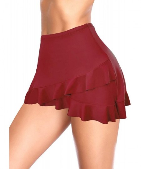 Tankinis Women's Swimdress Ruffle Swim Skirt Bikini Bottom Built-in Swim Bottom - Wine Red - CZ18A4OZ0DN