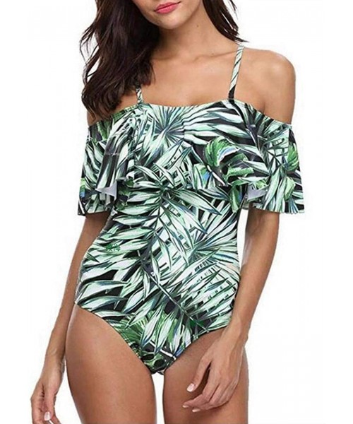 One-Pieces Women's Printed Off Shoulder One Piece Swimsuits Flounce Ruffled Swimwear Bathing Suits - Leaf - C718R4DYCQE