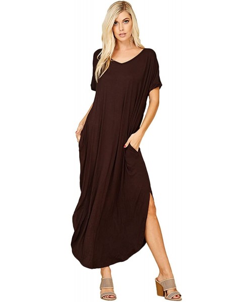 Cover-Ups Women's Long Split Maxi Dress Casual Loose V Neck Short Sleeve Beach with Pockets - Java - CQ18DST05C8