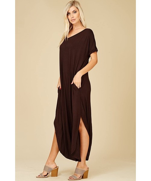 Cover-Ups Women's Long Split Maxi Dress Casual Loose V Neck Short Sleeve Beach with Pockets - Java - CQ18DST05C8