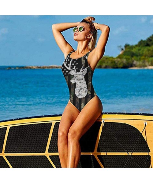 One-Pieces Deer Camo Camouflage American Flag Hunting Backless Swimsuit One Piece Swimsuits for Women Tummy Control Bathing S...