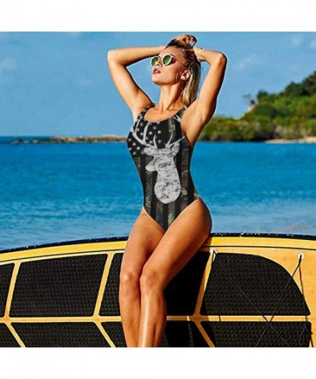 One-Pieces Deer Camo Camouflage American Flag Hunting Backless Swimsuit One Piece Swimsuits for Women Tummy Control Bathing S...