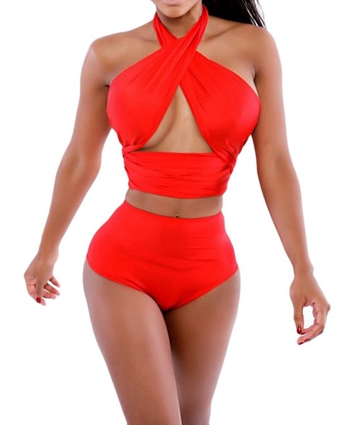 Racing Women's High Waist Criss Cross Vintage Bikini Set - Red - CL122HY3AQX