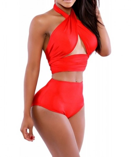 Racing Women's High Waist Criss Cross Vintage Bikini Set - Red - CL122HY3AQX