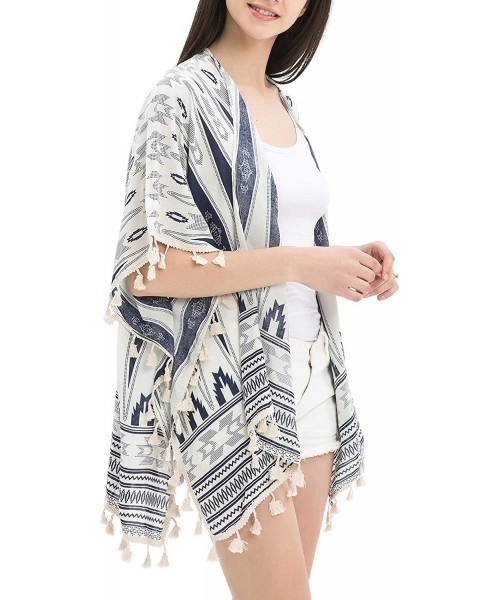 Cover-Ups Women Floral Kimono Cardigan Open Front Beach Cover Up Chiffon Casual Loose Tops - White_tribal 02 - CS190EU8W7W