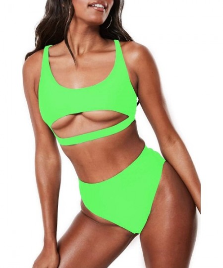 Sets Womens High Waisted Swimsuits Sports Bathing Suits Cutout Crop Swimwear Strappy Bikini Sets - Fluorescent Green - CN1963...