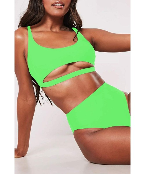 Sets Womens High Waisted Swimsuits Sports Bathing Suits Cutout Crop Swimwear Strappy Bikini Sets - Fluorescent Green - CN1963...