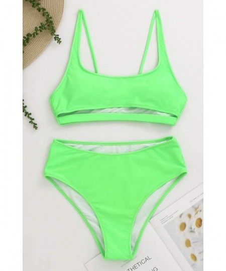 Sets Womens High Waisted Swimsuits Sports Bathing Suits Cutout Crop Swimwear Strappy Bikini Sets - Fluorescent Green - CN1963...