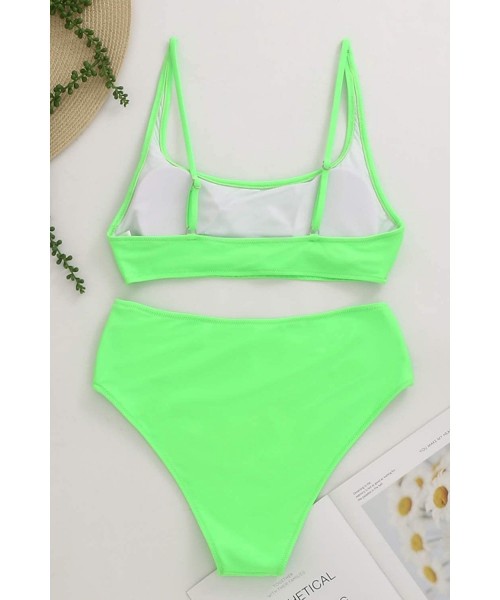 Sets Womens High Waisted Swimsuits Sports Bathing Suits Cutout Crop Swimwear Strappy Bikini Sets - Fluorescent Green - CN1963...