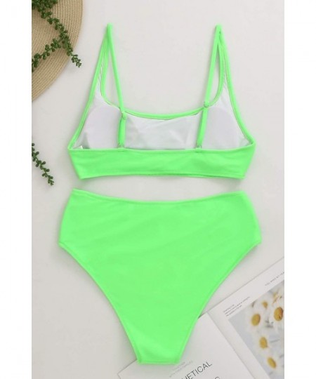 Sets Womens High Waisted Swimsuits Sports Bathing Suits Cutout Crop Swimwear Strappy Bikini Sets - Fluorescent Green - CN1963...