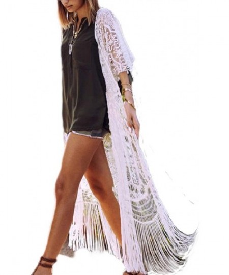 Cover-Ups Women Sexy Lace Crochet Open Front Swimsuit Beach Long Kimono Cover Ups - White - CW189XCDH5M