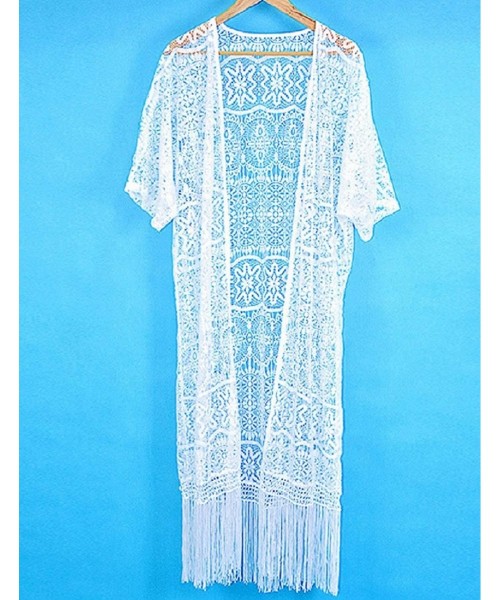 Cover-Ups Women Sexy Lace Crochet Open Front Swimsuit Beach Long Kimono Cover Ups - White - CW189XCDH5M