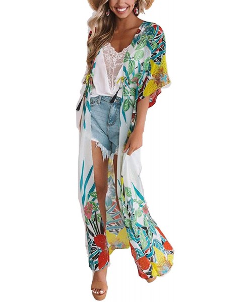 Cover-Ups Womens Cotton Kimono Cardigan Beach Blouses Loose Kimono Open Front Floral Print Cardigan Beachwear Dress (384) - C...