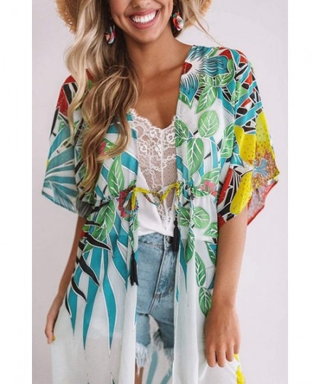 Cover-Ups Womens Cotton Kimono Cardigan Beach Blouses Loose Kimono Open Front Floral Print Cardigan Beachwear Dress (384) - C...