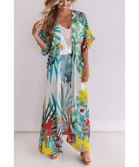 Cover-Ups Womens Cotton Kimono Cardigan Beach Blouses Loose Kimono Open Front Floral Print Cardigan Beachwear Dress (384) - C...