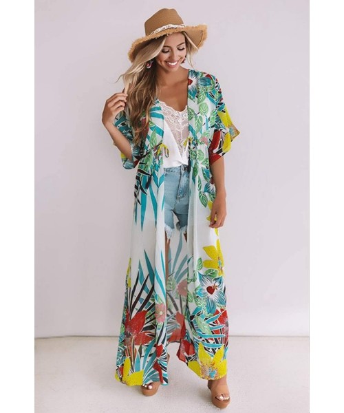 Cover-Ups Womens Cotton Kimono Cardigan Beach Blouses Loose Kimono Open Front Floral Print Cardigan Beachwear Dress (384) - C...