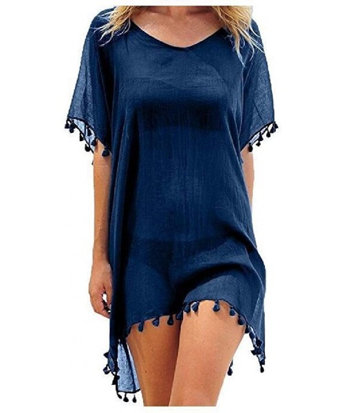 Cover-Ups Womens V-Neck Short Sleeve Chiffon Solid Tassel Cover Ups - Purplish Blue - CW190ARR4SG