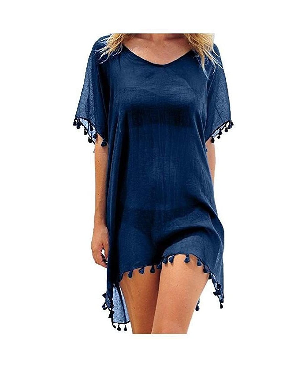 Cover-Ups Womens V-Neck Short Sleeve Chiffon Solid Tassel Cover Ups - Purplish Blue - CW190ARR4SG