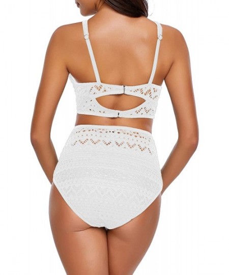 Sets Women's Crochet Lace V Neck High Waist Bikini Set Two Pieces Swimsuit - White - CJ18U8MT4CY